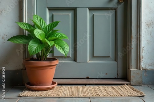 A vibrant green potted plant rests on a rustic doormat, situated by a weathered teal door.