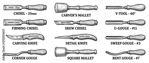фотографія Wood Carving Tools Collection - Hand Drawn Illustration