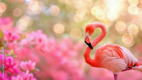 Flamingo Amidst Floral Hues: A striking flamingo stands gracefully amidst a vibrant tapestry of pink blossoms and soft bokeh lights, creating a dreamy and exotic atmosphere.