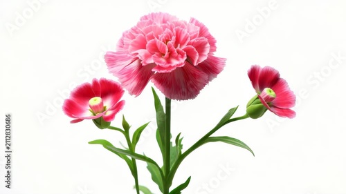 Delicate Pink Carnations: A trio of vibrant pink carnations, with one large bloom centered and two smaller buds flanking it, showcases their ruffled petals and verdant stems against a clean backdrop.