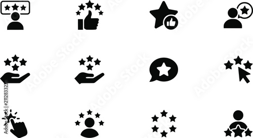 Collection of black star rating and feedback  thumbs up