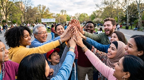 Diverse group of multiracial people and family members putting their hands together in a high five outdoors in a park to celebrate unity, community, and teamwork.