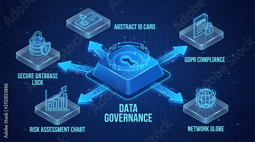 Data governance concept with digital security icons. Modern cybersecurity and data management visualization.