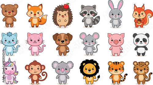 Photography Mega Set of Cute Cartoon Baby Animals Safari Jungle and Pets Kawaii Vector Stick