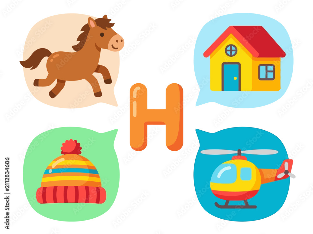 Fototapeta premium Alphabet H Learning with Horse House Hat Helicopter Icons.