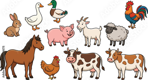 Foto Cute Farm Animals and Countryside Poultry Birds Cartoon Vector Illustration Set