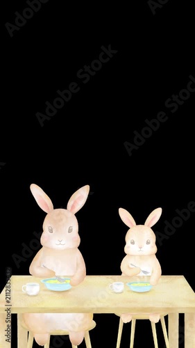 一緒にご飯を食べるうさぎの親子の縦型ループアニメーション。水彩画を使用した背景透過のビデオ。	