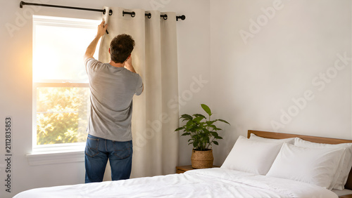 Man hanging neutral curtains in a bright modern bedroom