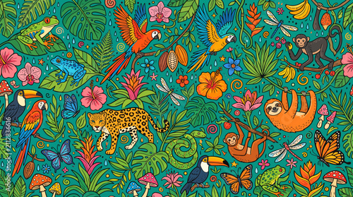 Vibrant Tropical Jungle Pattern featuring Exotic Rainforest Animals