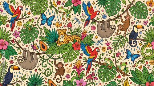 Colorful Jungle Ecosystem with Exotic Animals and Botanical Pattern