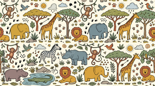 Seamless Pattern with Cute Safari Animals and Jungle Trees