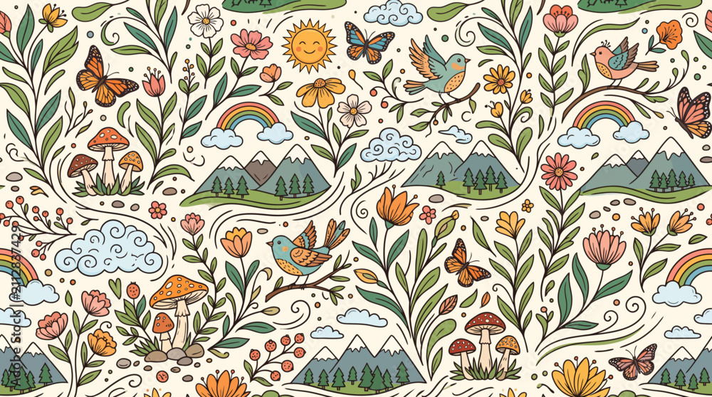 Naklejka premium Whimsical Nature Seamless Pattern with Mountains Birds Flowers and Butterflies