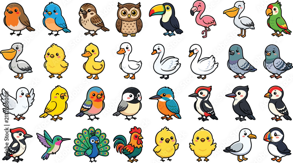 Fototapeta premium Cute Cartoon Birds and Domestic Poultry Aviary Wildlife Vector Illustration Set