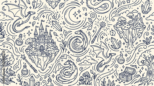 Fantasy seamless pattern with dragons castle and magic elements