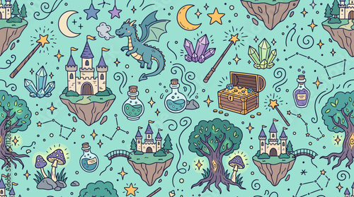 Seamless Pattern Design Featuring Fantasy Castles Dragons and Magical Items