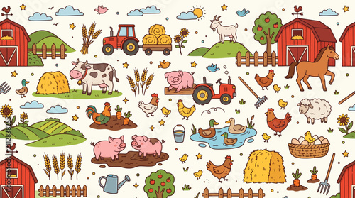 Cute hand drawn farm life with animals and tractors doodle style