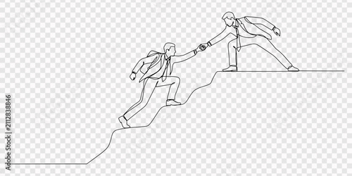 One line drawing of two businessmen helping each other climb a steep hill, teamwork and support concept, Continuous one line drawing of Two friends help each other while climbing the mountain. Hiking