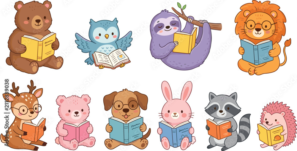 Fototapeta premium Cute Cartoon Baby Animals Reading Books Education Vector Illustration Set