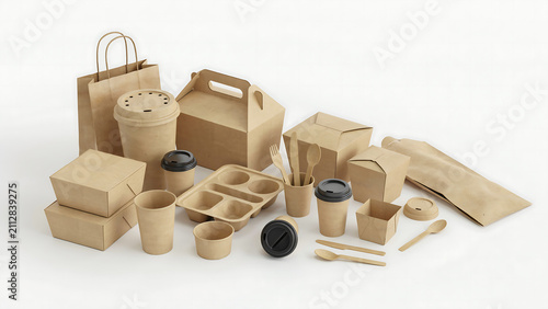 Collection of disposable kraft paper food packaging containers and bags takeout to go