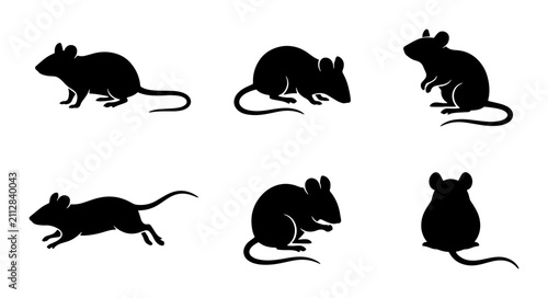 Obraz na plátně Black Mouse Silhouettes, Rodent Vector Icons, Small Animal Poses, Cute Critter G
