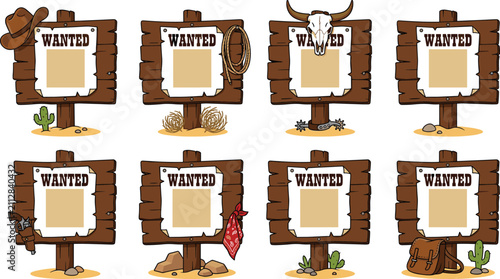Wild West Wooden Wanted Signboards and Cowboy Elements Vector Set