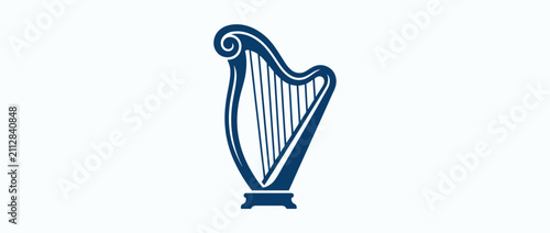 Blue harp symbol on white background, music instrument icon