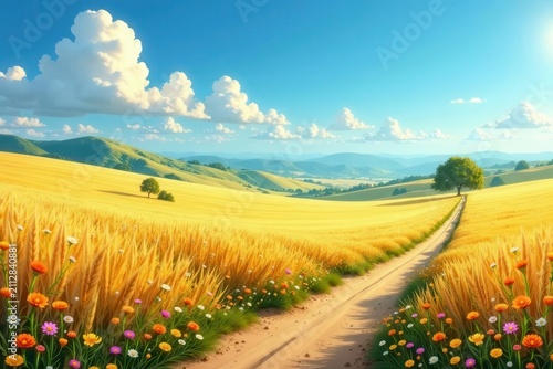 Golden Wheat Field Path Leading to Rolling Hills Under a Sunny Sky