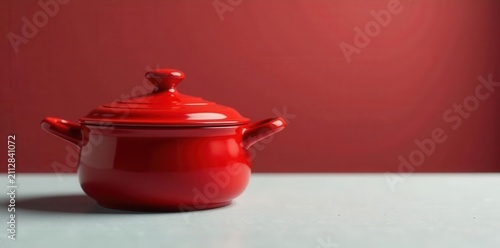 A vibrant red ceramic pot with a snug-fitting lid, displayed against a contrasting backdrop, ideal for culinary or homeware content.