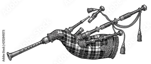Vintage Bagpipes Illustration with Plaid Bag