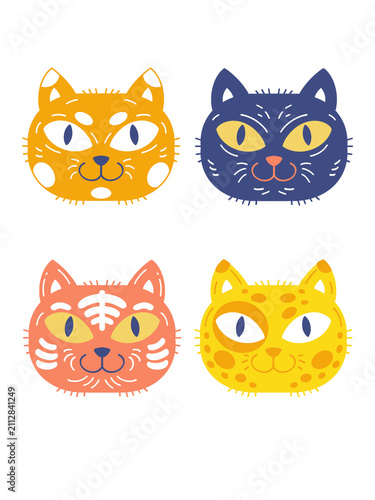 Cute cat faces vector illustration set with colorful patterns