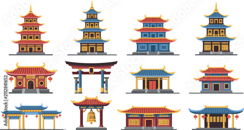 Cuadro en lienzo Traditional Asian Architecture Icon Set with Colorful Chinese Temples, Pagodas,