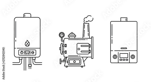 Line art illustrations of water heaters and a boiler on a white background