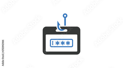 A flat vector icon depicting a digital phishing attack targeting a secure user password with a sharp blue fishing hook