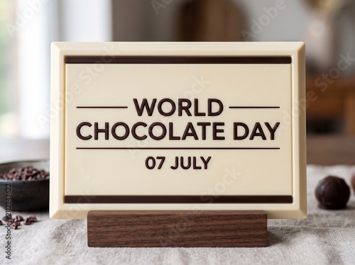 World Chocolate Day Sign on Wooden Stand with Cocoa Beans and Truffles in a Blurred Background