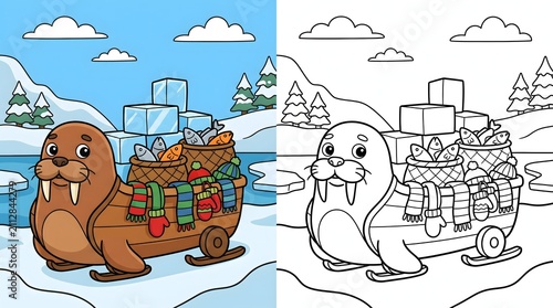 Cute walrus pulling a wooden sled with holiday gifts in winter snow coloring page