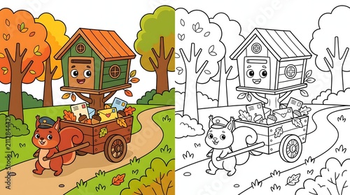 Cute squirrel postman with mail cart in autumn forest coloring page