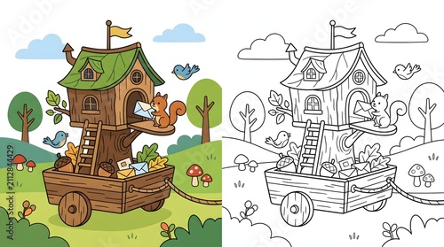 Cute squirrel mailman delivering letter from treehouse cart coloring page for kids