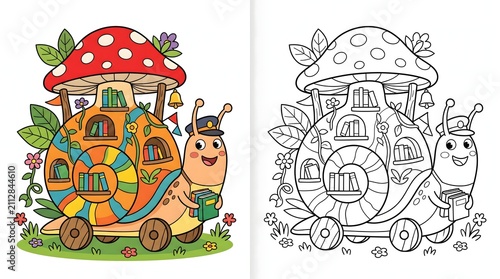 Cute Snail Librarian with a Mushroom House Shell Carrying Books for Coloring Page Activity