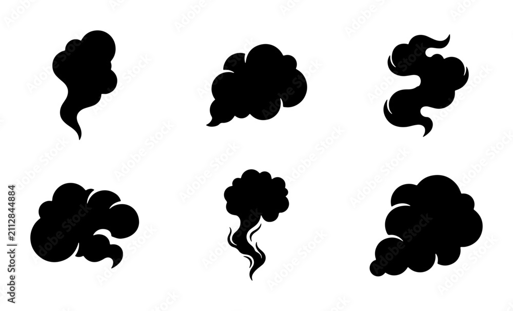 Obraz premium Black Smoke Cloud Vector Icons, Swirls and Wisps, Abstract Gas Puffs, Stylized Vapors