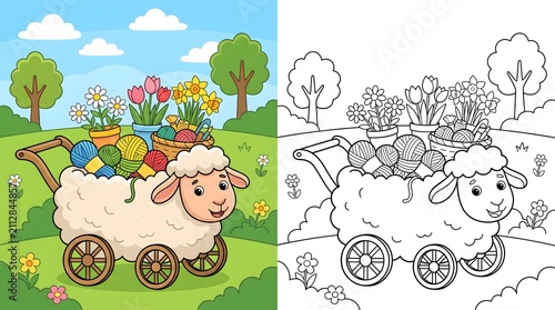Cute Sheep with a Cart Full of Easter Eggs and Flowers for Coloring Fun