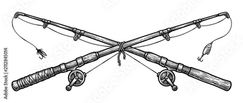 Crossed Fishing Rods with Lures, Vintage Illustration