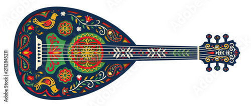 Ornate Folk Stringed Instrument with Floral and Bird Motifs
