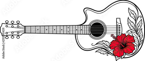 Bild auf Leinwand Acoustic guitar with tropical flower decoration