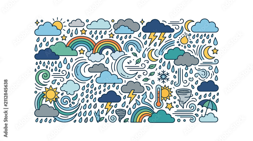 Naklejka premium Hand Drawn Weather Doodle Seamless Pattern with Clouds Sun and Rain Icons