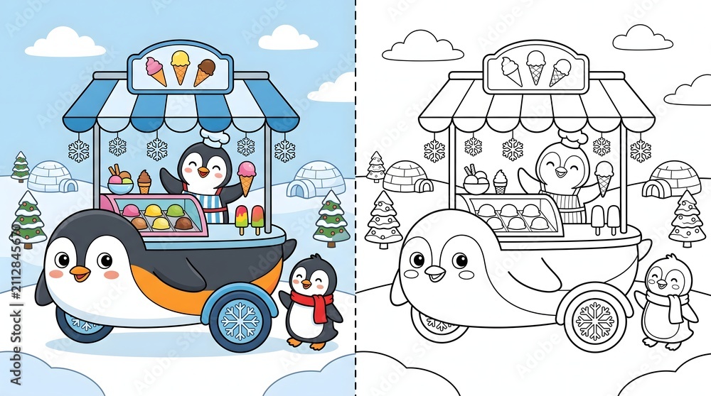 Fototapeta premium Cute Penguin Ice Cream Cart Coloring Page and Color Illustration for Kids