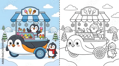 Cute Penguin Ice Cream Cart Coloring Page and Color Illustration for Kids