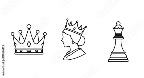 Fotografie Crowns and queen depictions in a linear black and white style
