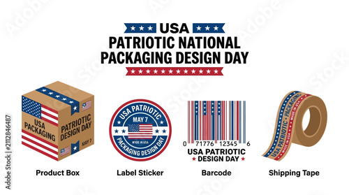 Patriotic National Packaging Design Day in USA with box, sticker, barcode graphics.