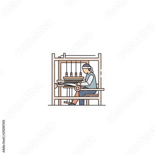 Clean line art illustration of an artisan operating a traditional weaving loom, symbolizing dedication to handmade crafts and textile artistry