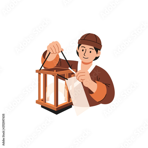 Simple lantern maker artisan crafting a traditional wooden lantern icon illustration